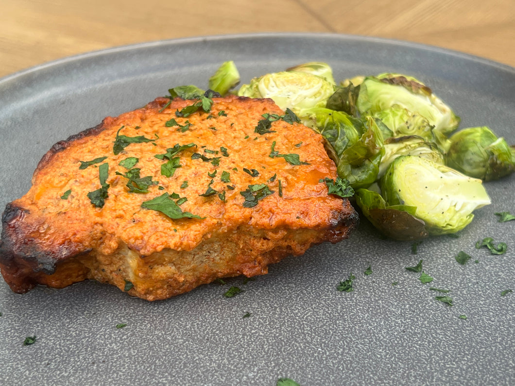 Oven Roasted Honey Mustard Pork Chops w/ Brussels Sprouts